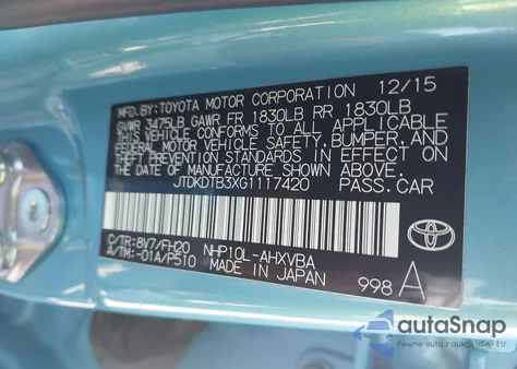 2016 Toyota Prius C One z USA, uszkodzony, nr VIN JTDKDTB3XG1117420